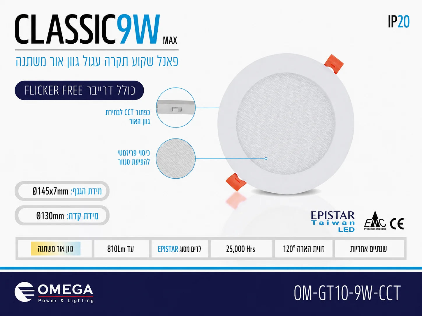 כרטיס מפרט לפאנל שקוע CLASSIC 9W עגול עם תמונת הגוף ונתונים טכניים