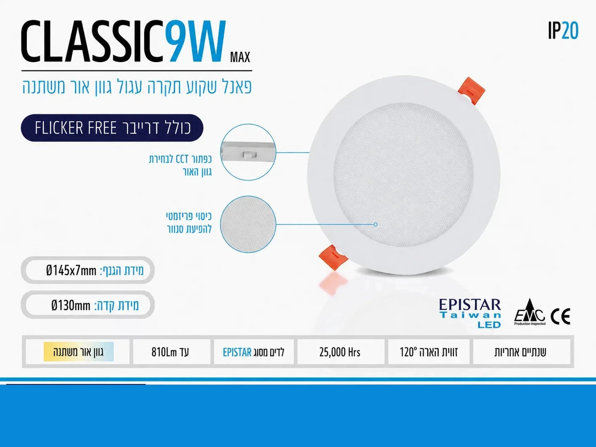 כרטיס מפרט לפאנל שקוע CLASSIC 9W עגול עם תמונת הגוף ונתונים טכניים