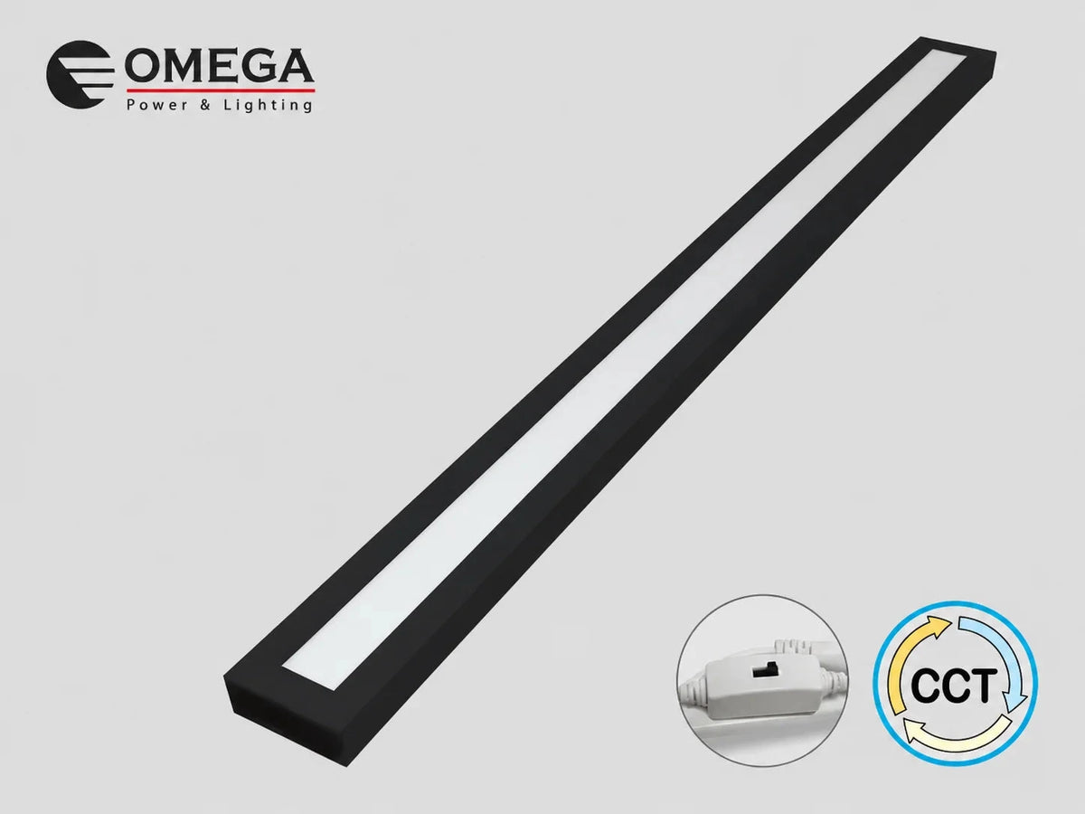 גוף תאורה ליניארי שחור של OMEGA בעיצוב צר וארוך עם דיפיוזר לבן