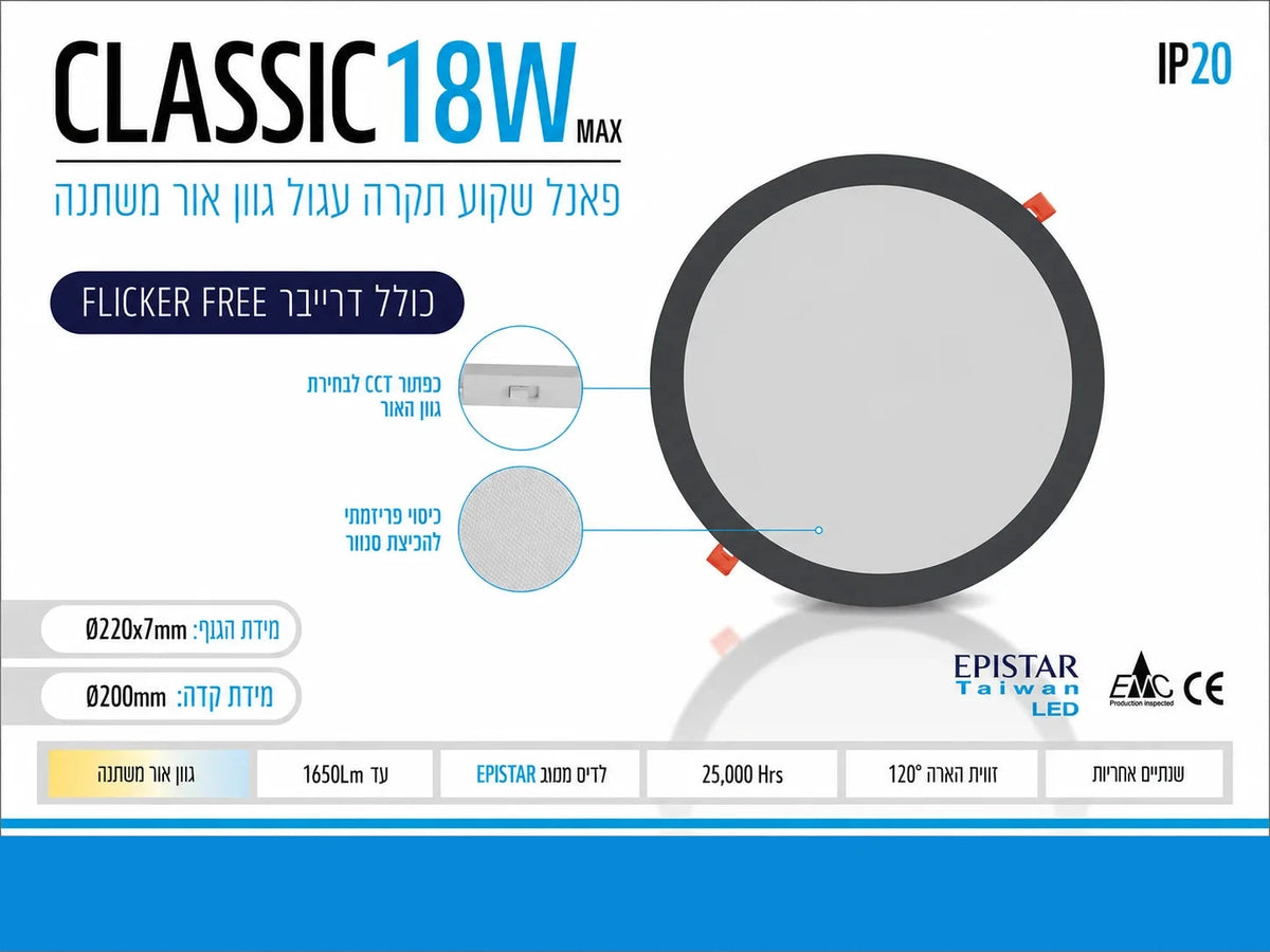 כרטיס מפרט לפאנל שקוע CLASSIC 18W עגול עם תמונה ונתונים טכניים