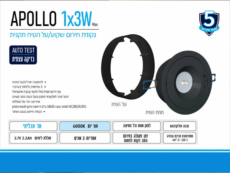 תמונת מפרט לתאורת חירום APOLLO עגולה שחורה