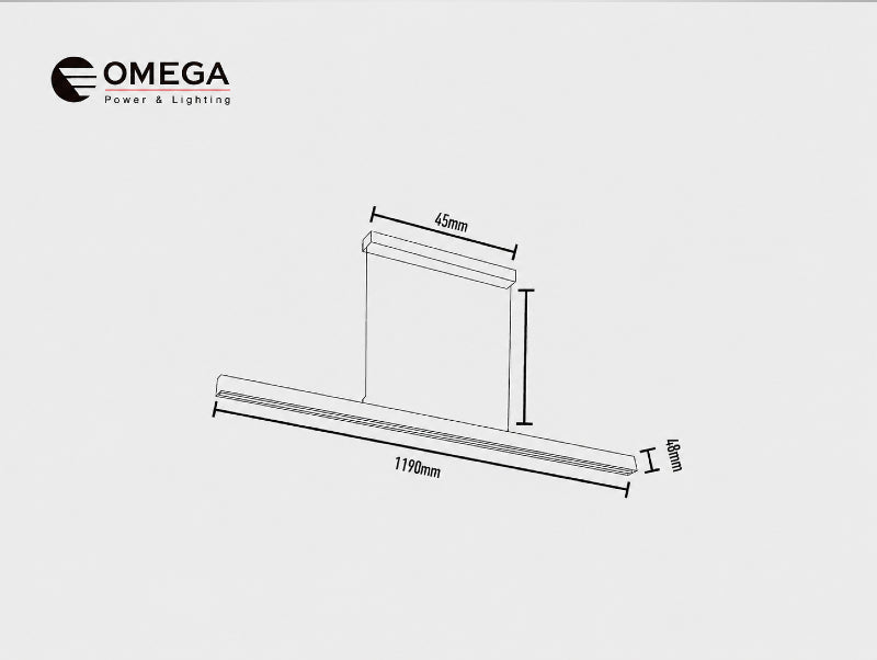 שרטוט מידות של גוף תאורה תלוי לינארי עם חיבור תקרה מלבני