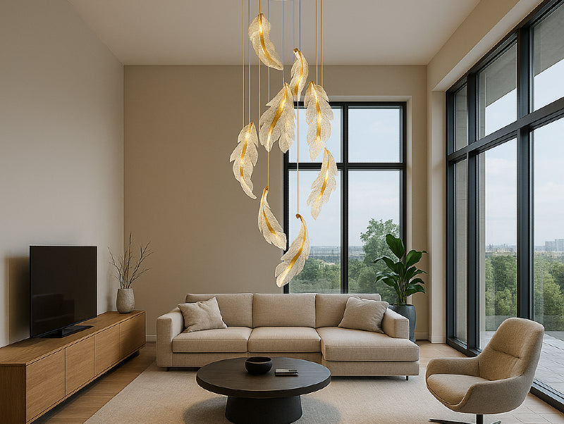 מנורת תלייה VELORA בסלון עם תקרה גבוהה