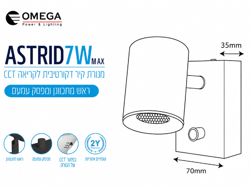תמונת מוצר ושרטוט למנורת קיר שחורה עם ראש תאורה גלילי