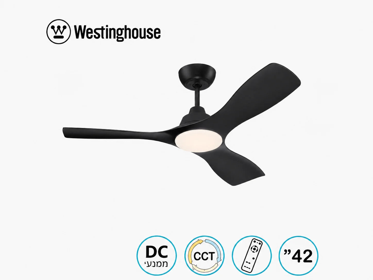 מאוורר תקרה Westinghouse שחור עם שלוש כנפיים, תאורה וסמלי מאפייני הדגם