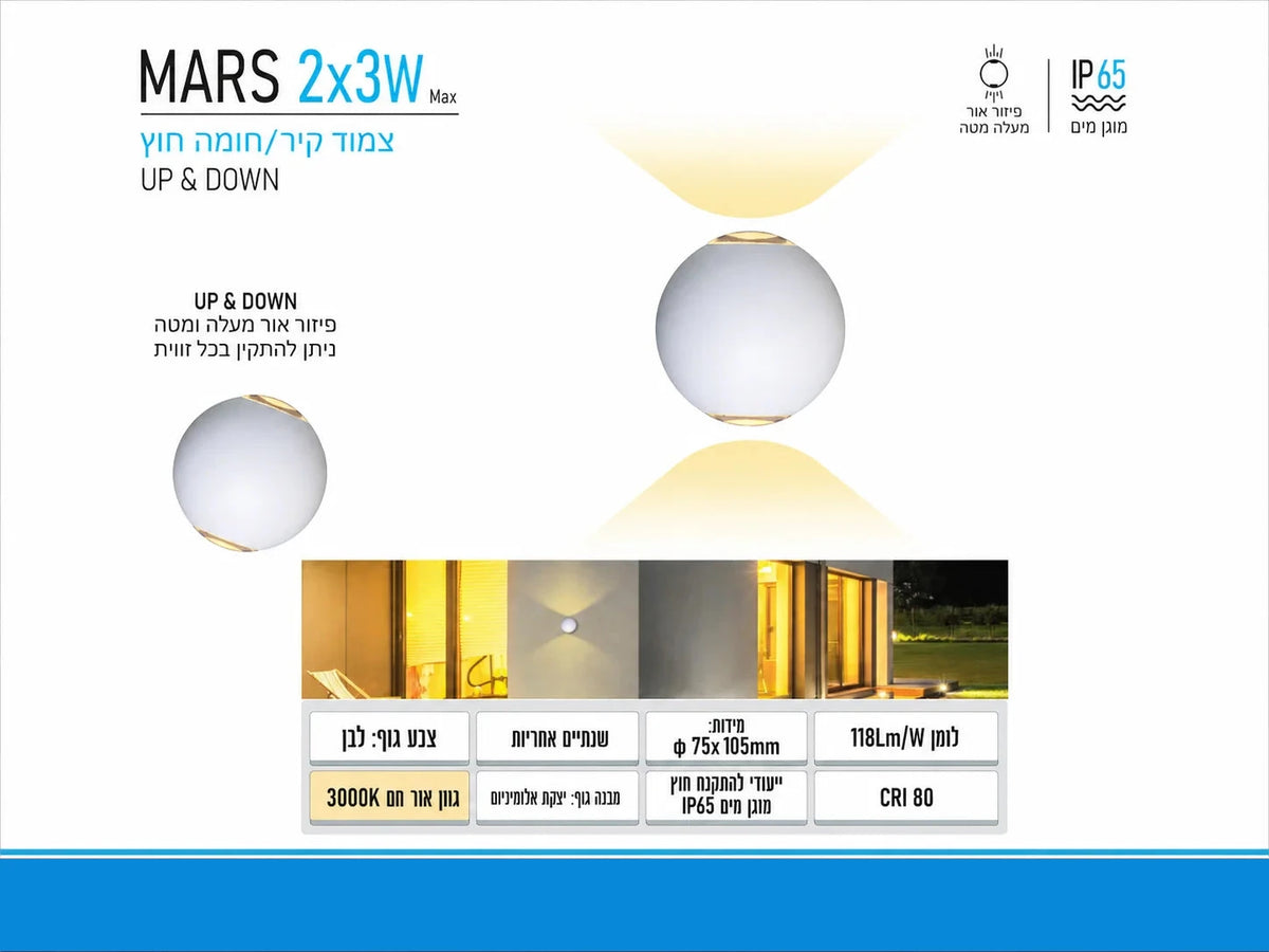 תרשים מוצר של גוף תאורה MARS בגוון לבן עם תאורה כלפי מעלה ומטה
