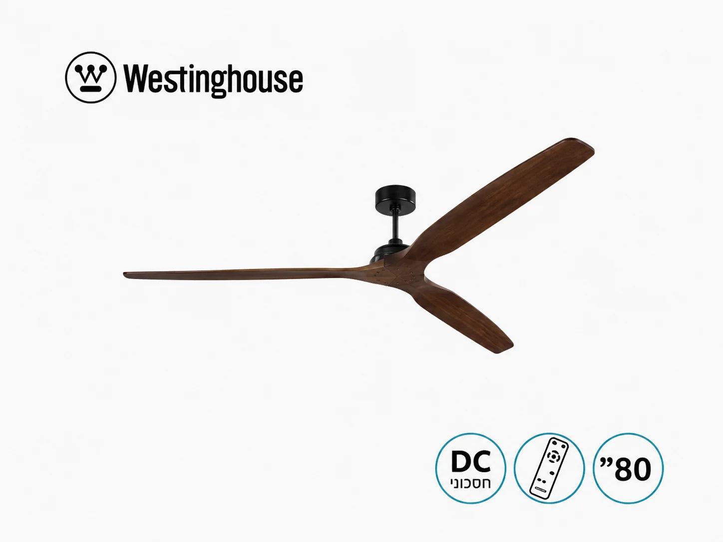 מאוורר תקרה Westinghouse עם שלוש כנפי עץ כהות וסמלי מאפייני המוצר