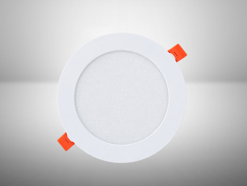 פאנל LED שקוע עגול לבן עם מסגרת רחבה וקפיצי התקנה כתומים
