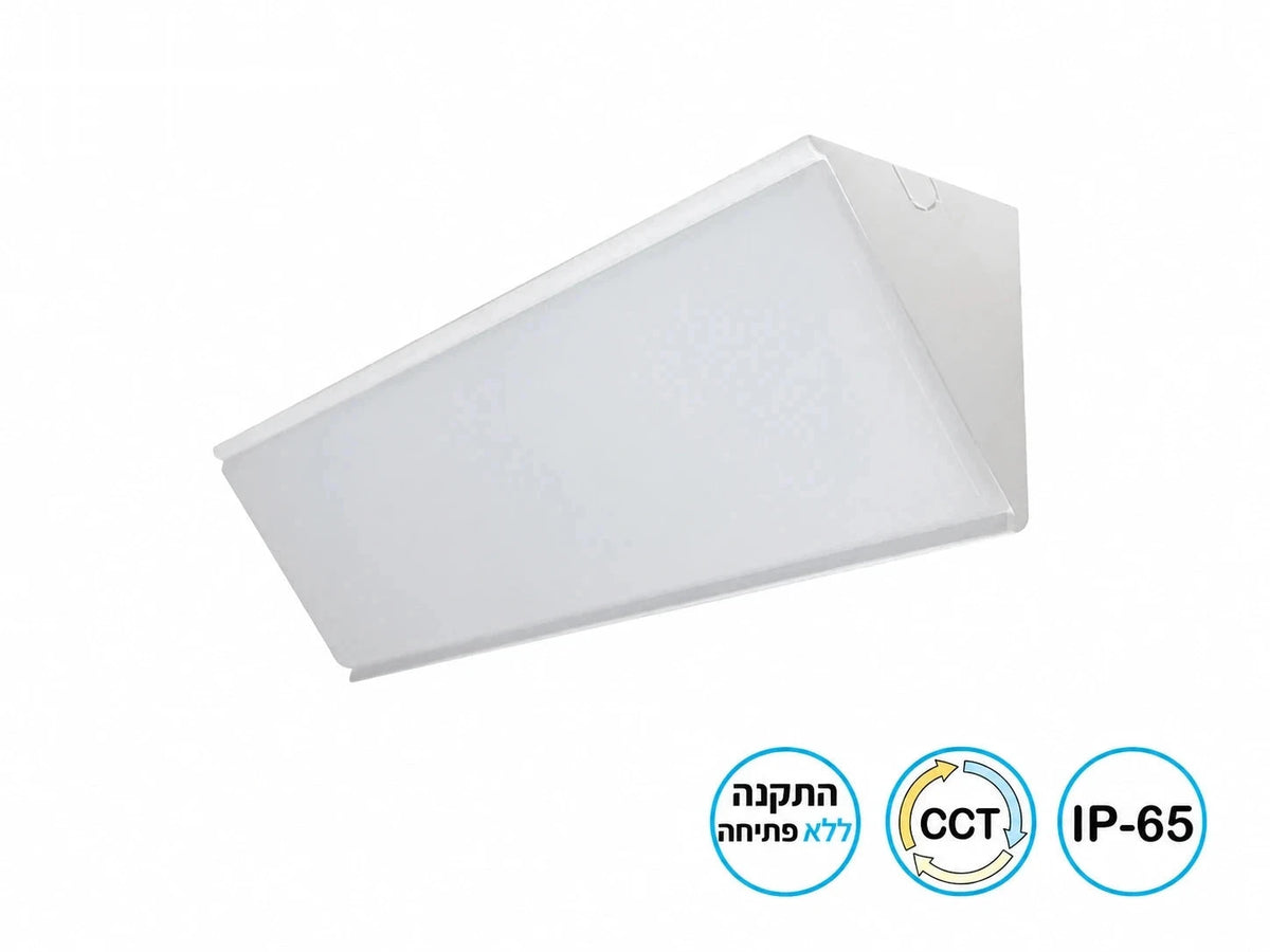תמונת מוצר של גוף תאורה EDGE בלבן עם סמלי CCT, עמידות למים וחיבור מהיר