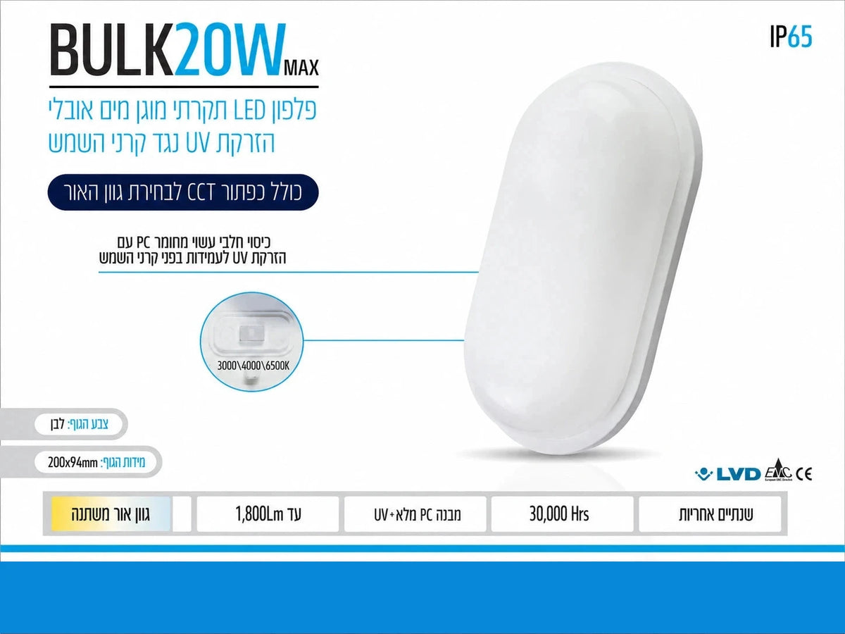 כרטיס מפרט לגוף תאורה BULK 15W אובלי לבן עם מפזר אור חלבי