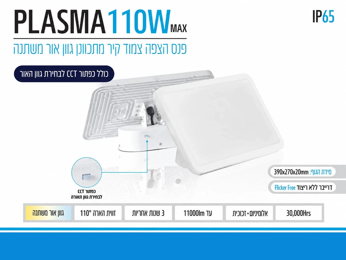 כרטיס מוצר של גוף התאורה PLASMA 110W עם תמונת המוצר והמפרט الفني