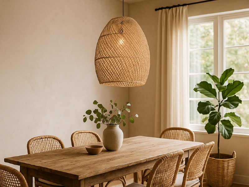 מנורת תלייה קש HELLEN מעל שולחן אוכל כפרי