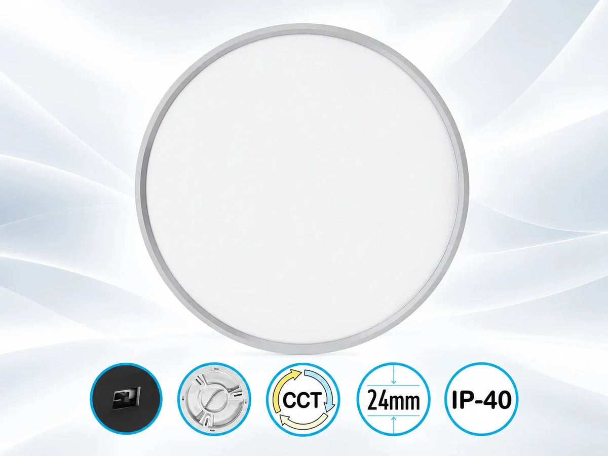 פאנל OMEGA ELEMENT עגול לבן דק במיוחד עם מסגרת כסופה, להתקנת Flush Mount בתקרה.