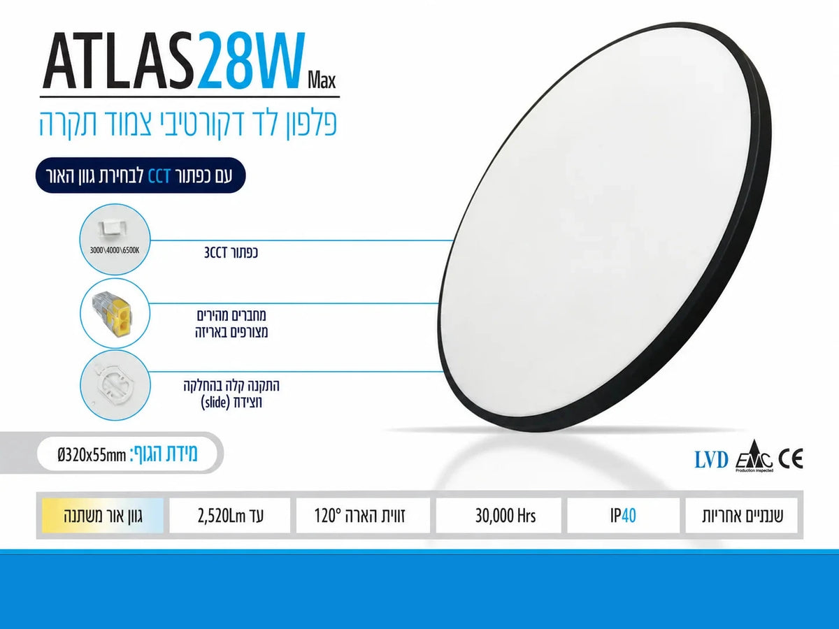 תרשים מוצר של גוף תאורה ATLAS בהספק 28W עם מידות ומאפיינים טכניים
