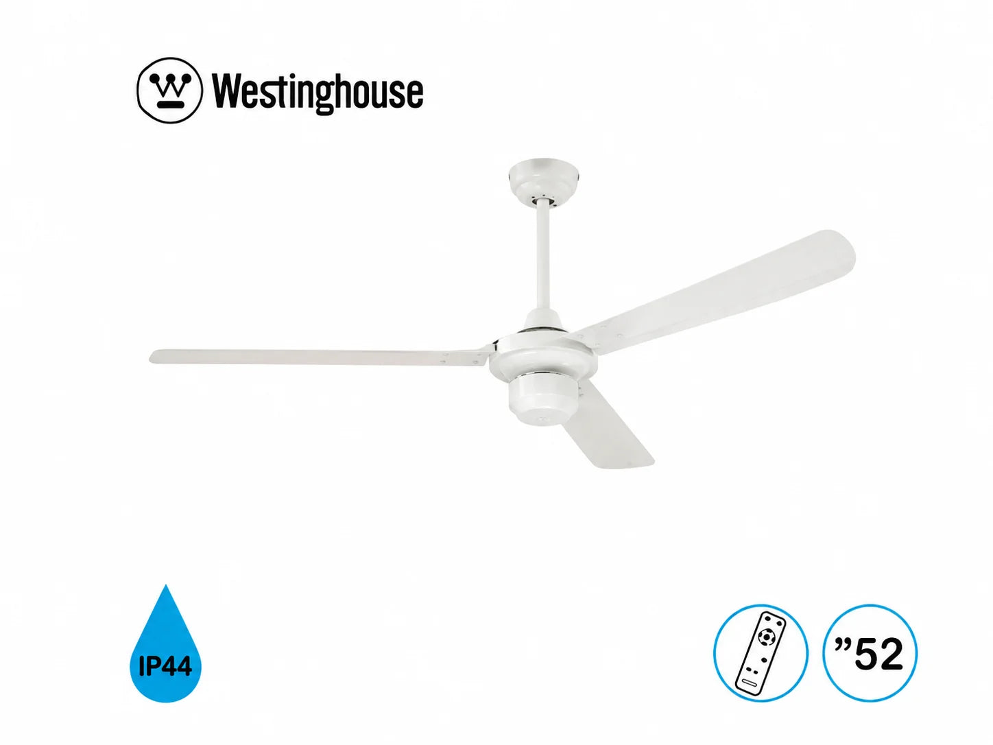 מאוורר תקרה Westinghouse לבן עם שלוש כנפיים וסמלי מאפייני המוצר