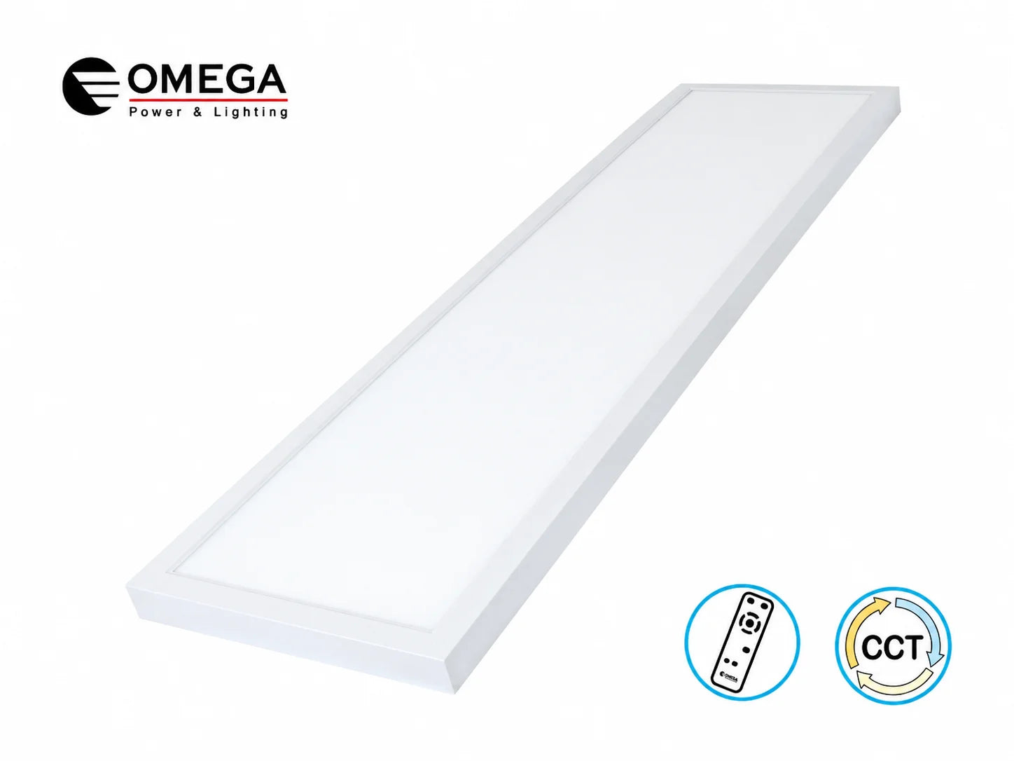 פאנל תקרה מוארך של OMEGA בגימור לבן עם סמלי מאפייני המוצר