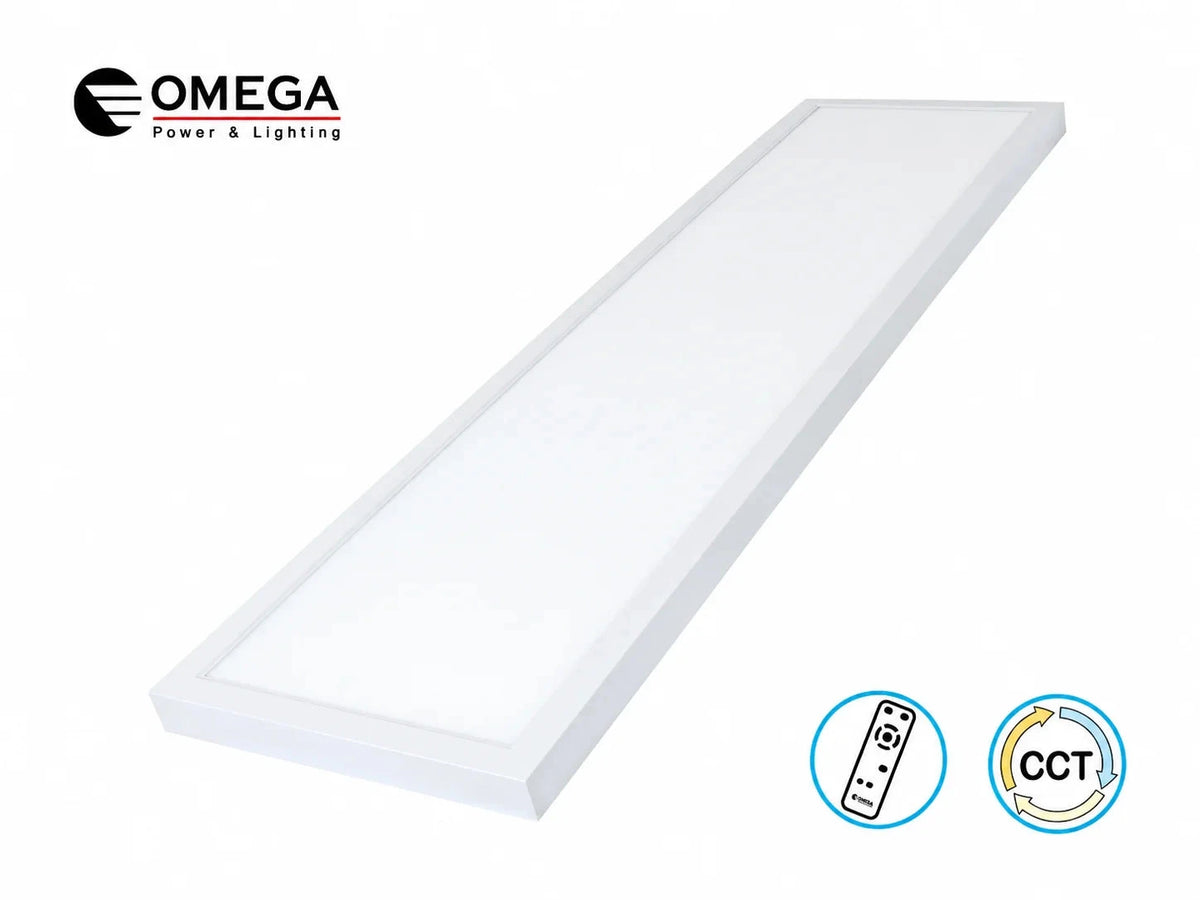 פאנל תקרה מוארך של OMEGA בגימור לבן עם סמלי מאפייני המוצר