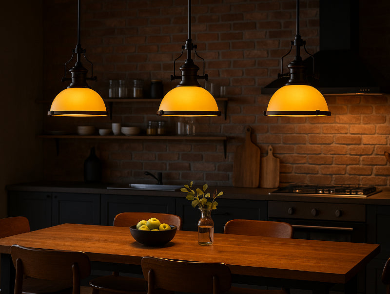 שלוש מנורות תלייה SIXTY מעל שולחן אוכל