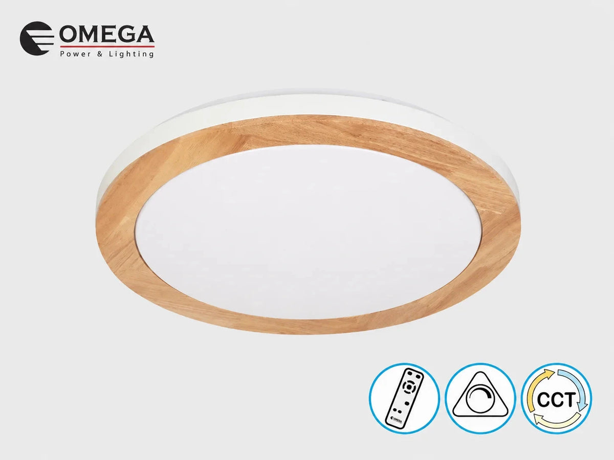 גוף תאורה עגול של OMEGA בגימור עץ עם אפשרות לבחירת גוון אור