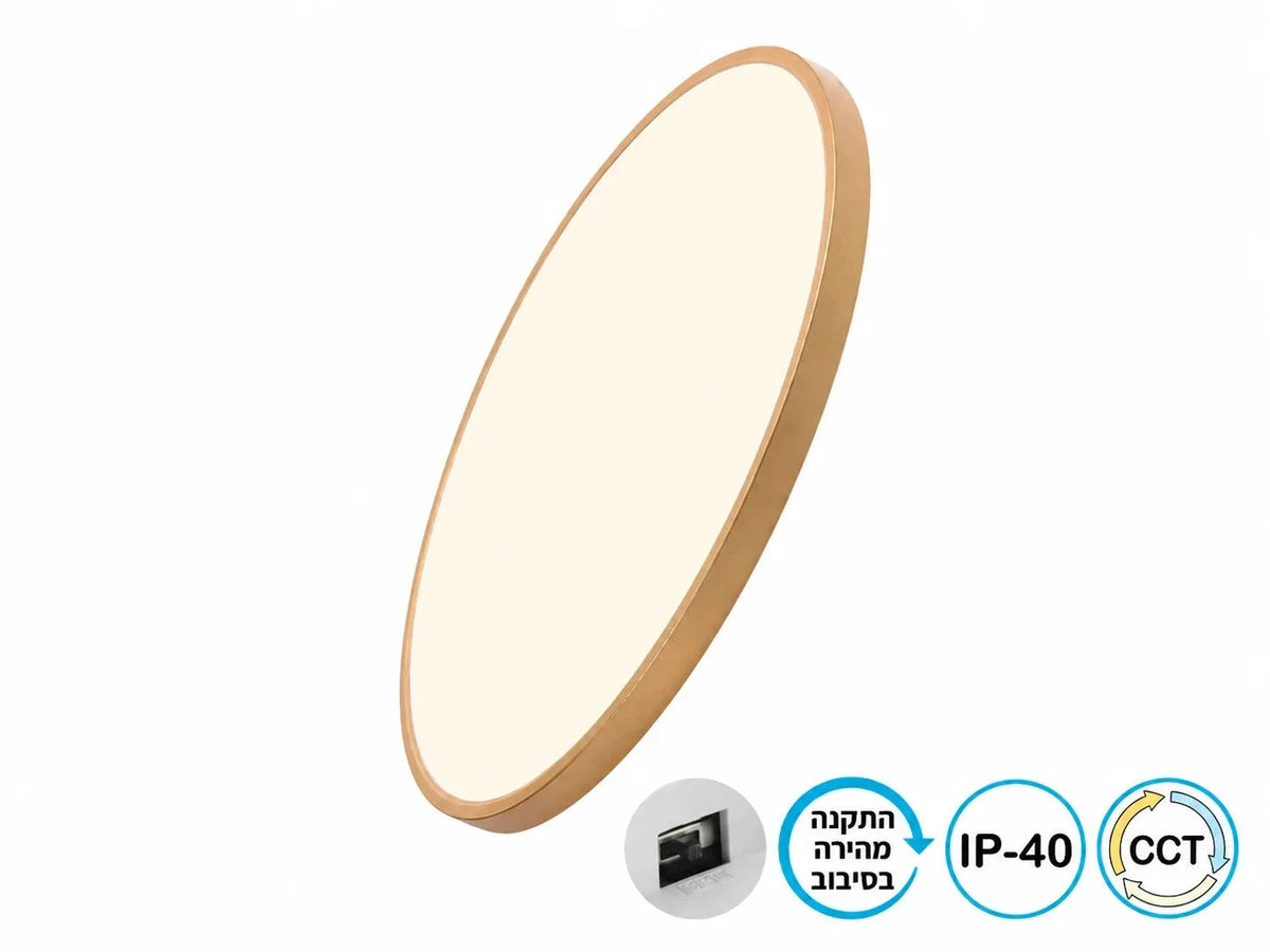 פאנל LED עגול של OMEGA במסגרת זהב עם שלט ובחירת גוון אור