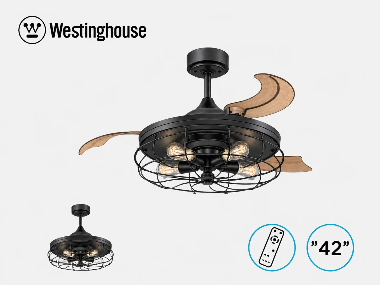 מאוורר תקרה Westinghouse עם כנפיים מתקפלות, תאורה מובנית וסמלי מאפייני המוצר
