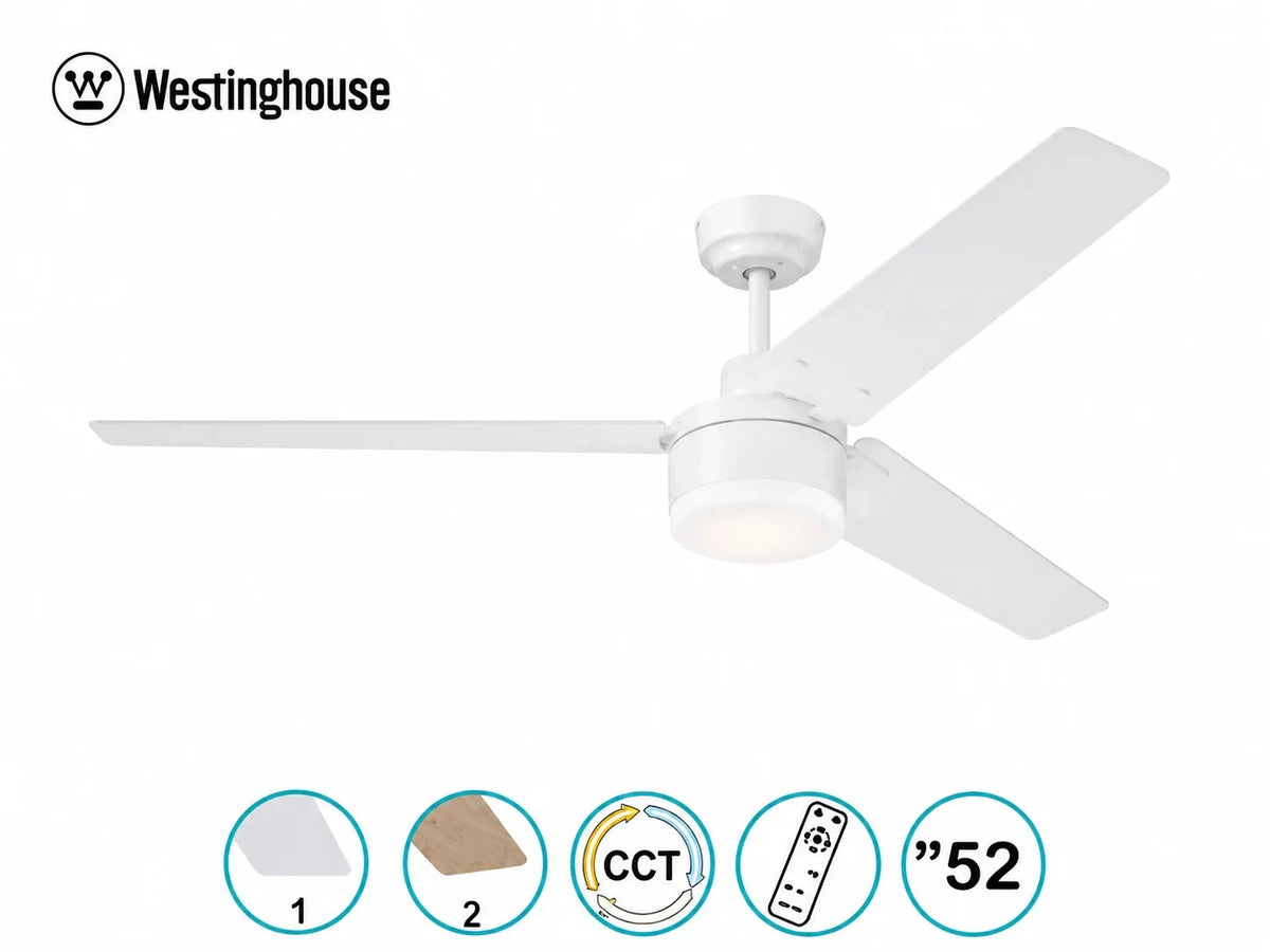 מאוורר תקרה Westinghouse לבן עם 3 כנפיים, תאורה וסמלי מאפייני המוצר