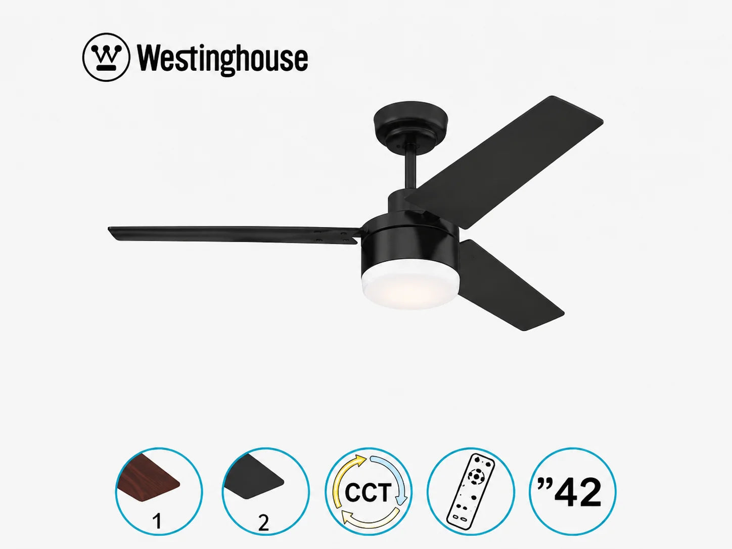 מאוורר תקרה Westinghouse שחור עם תאורה וסמלי מאפייני המוצר