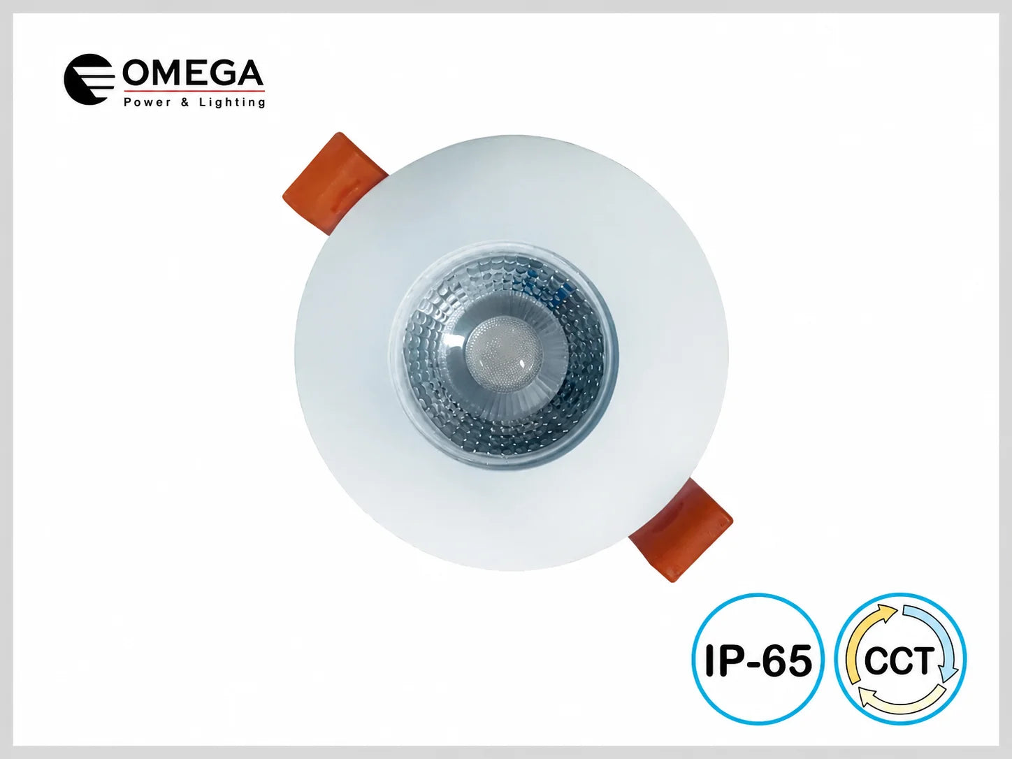 גוף תאורה שקוע לבן של OMEGA במבט חזיתי לצד סימוני המאפיינים