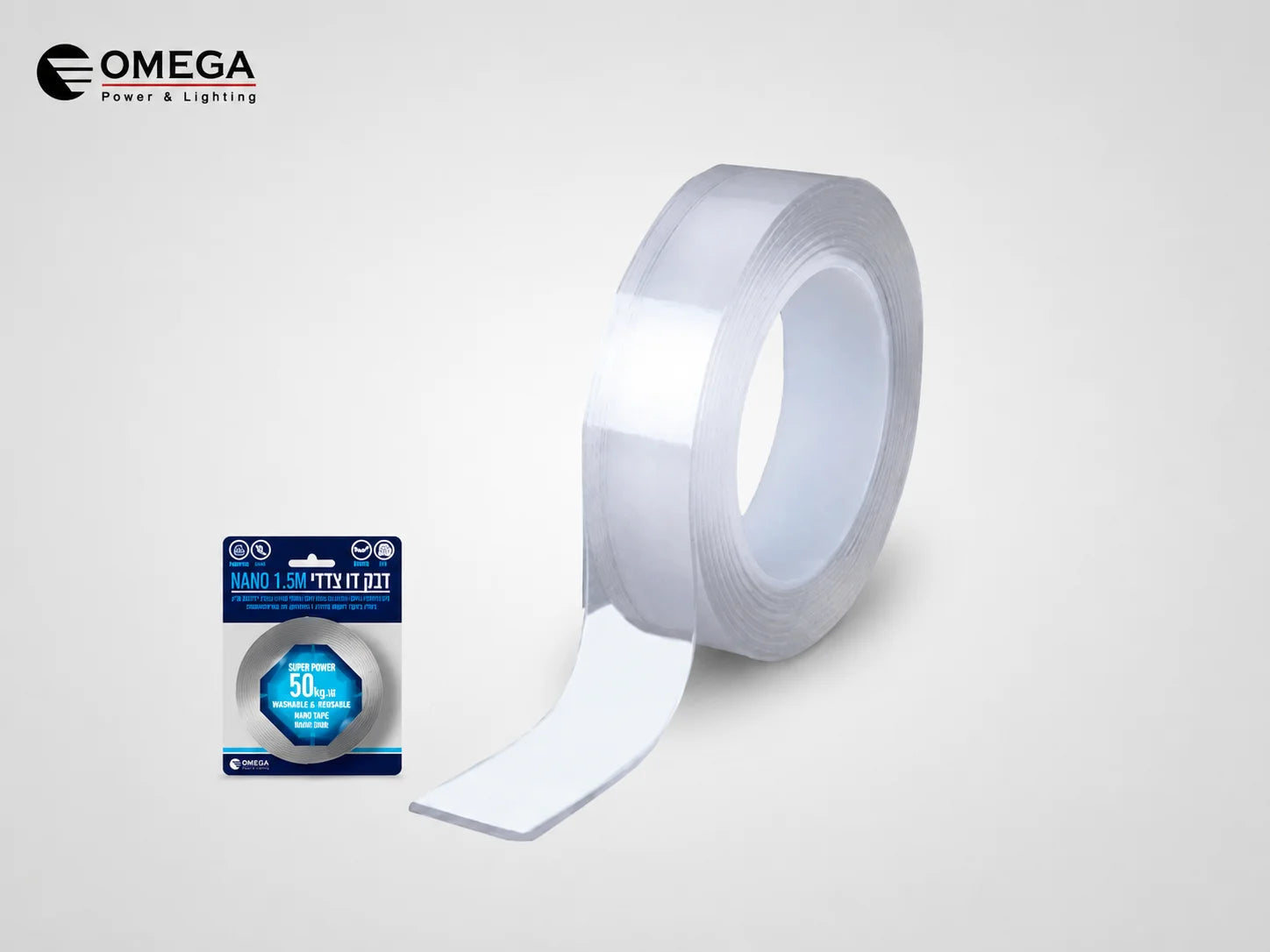 דבק ננו שקוף דו־צדדי של OMEGA בגליל לשימוש בבית, במשרד וברכב