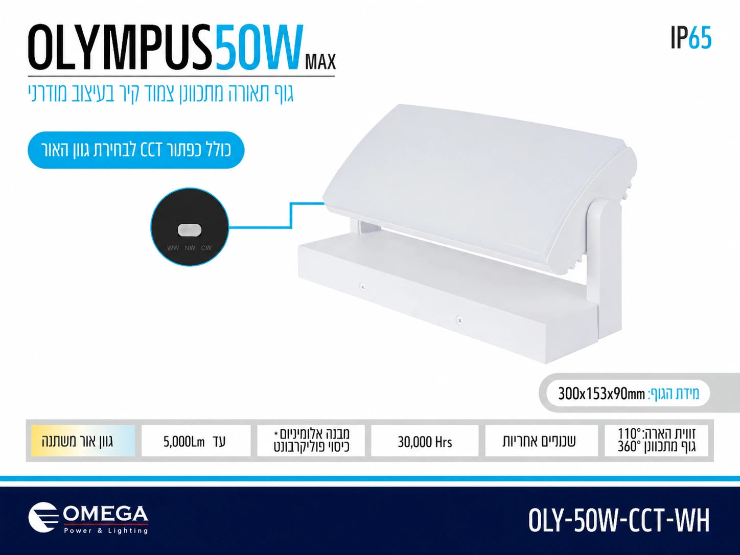 כרטיס מפרט לגוף תאורה OLYMPUS 50W לבן לתאורת קיר חיצונית