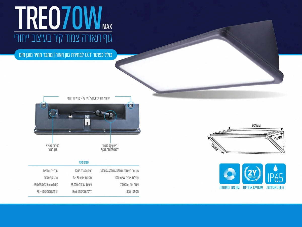 כרטיס מפרט לגוף תאורה TREO 70W בגימור אפור כהה