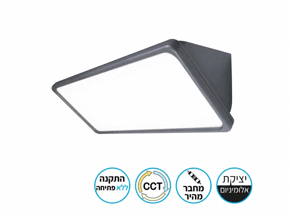 גוף תאורה TREO בתצוגת מוצר עם סמלי CCT, עמידות וחיבור מהיר