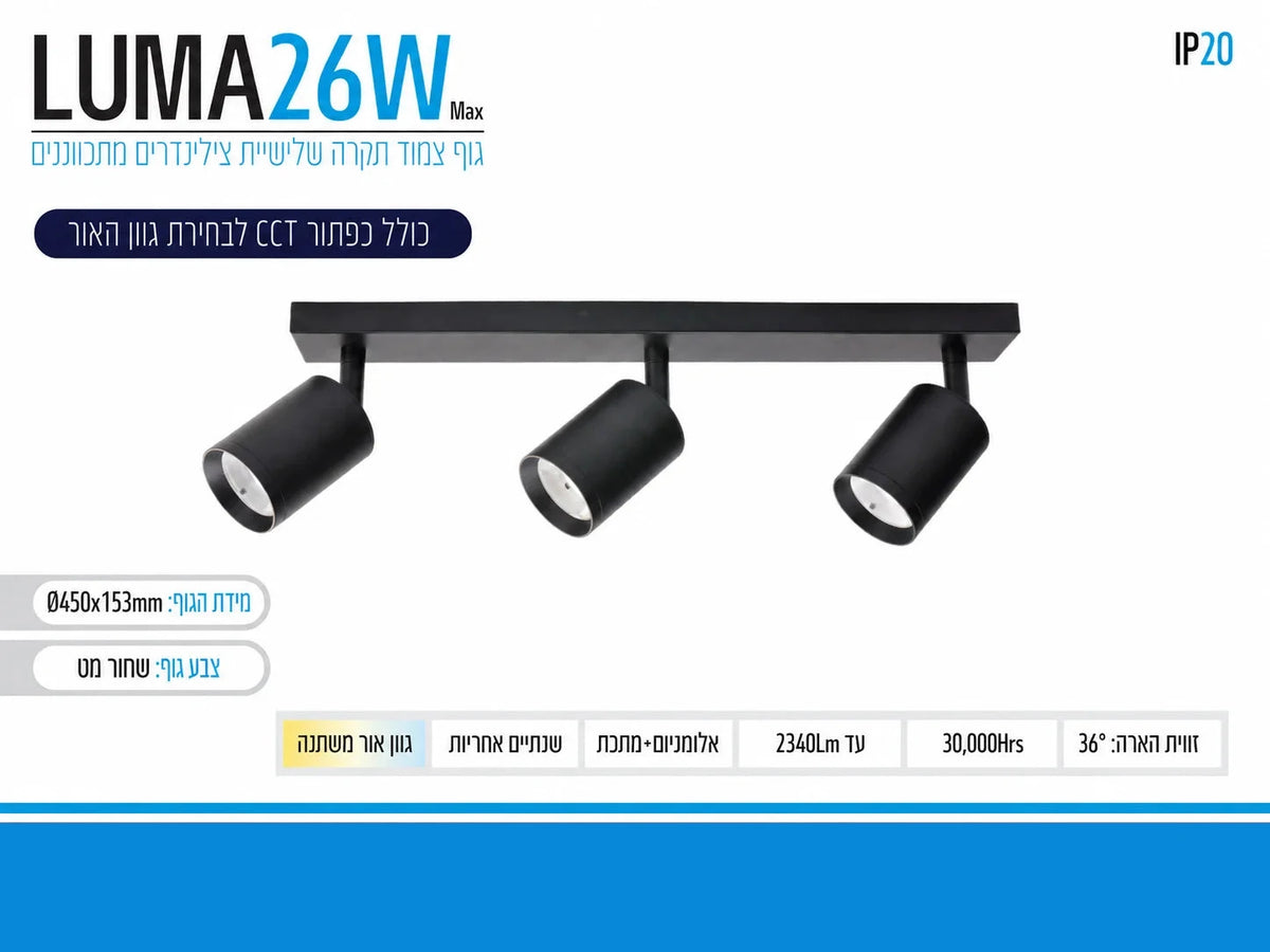 תרשים מוצר של גוף תאורה LUMA בהספק 26W עם שלושה ספוטים