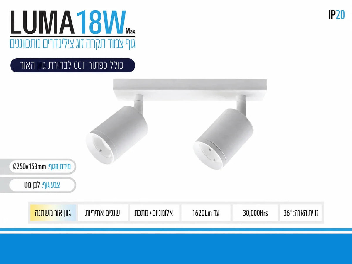 תרשים מוצר של גוף תאורה LUMA בהספק 18W עם שני ספוטים