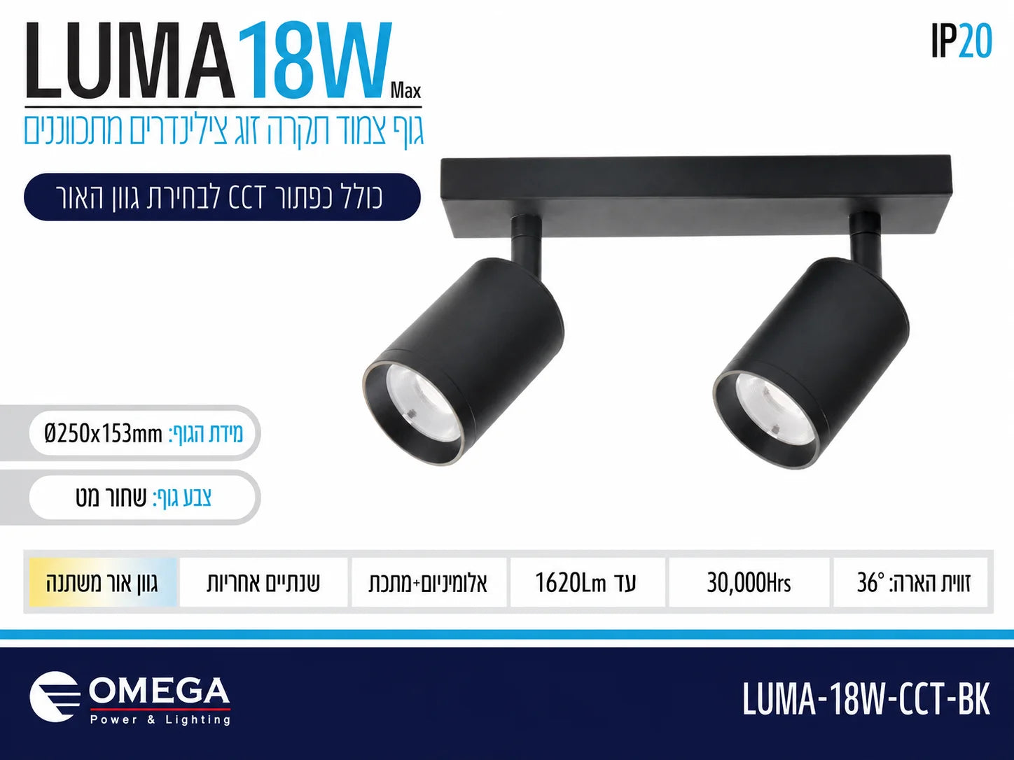 תרשים מוצר של גוף תאורה LUMA בהספק 18W עם שני ספוטים ומאפיינים טכניים