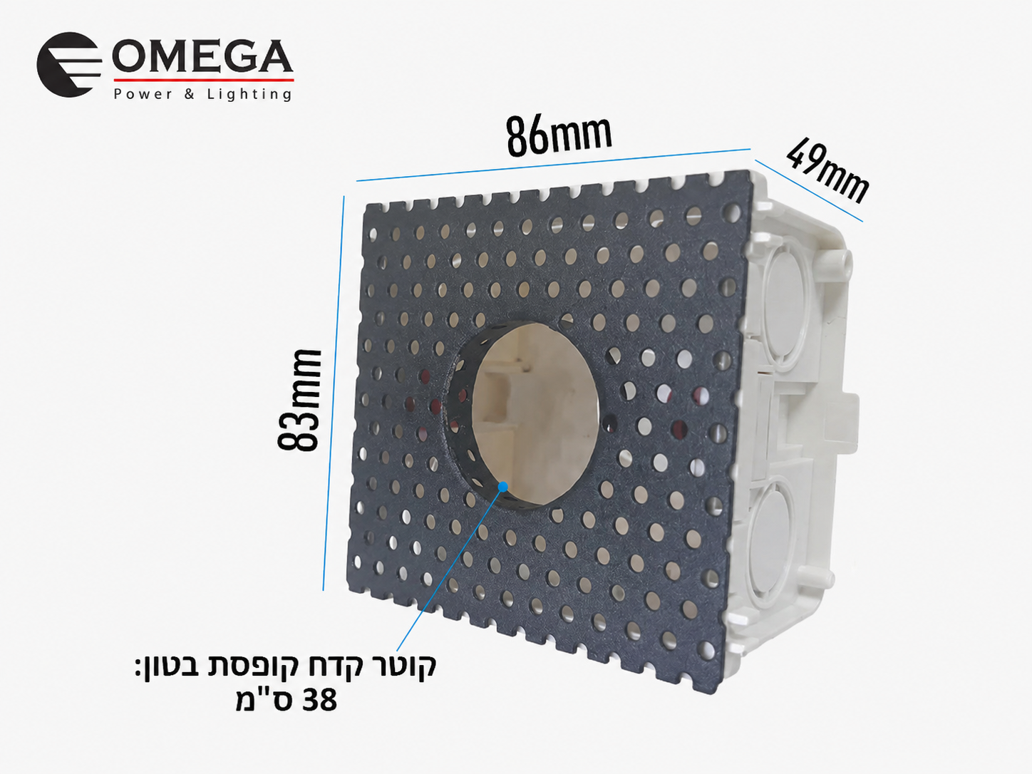 שרטוט מידות ומבנה אחורי של גוף תאורה שקוע קיר BLANK