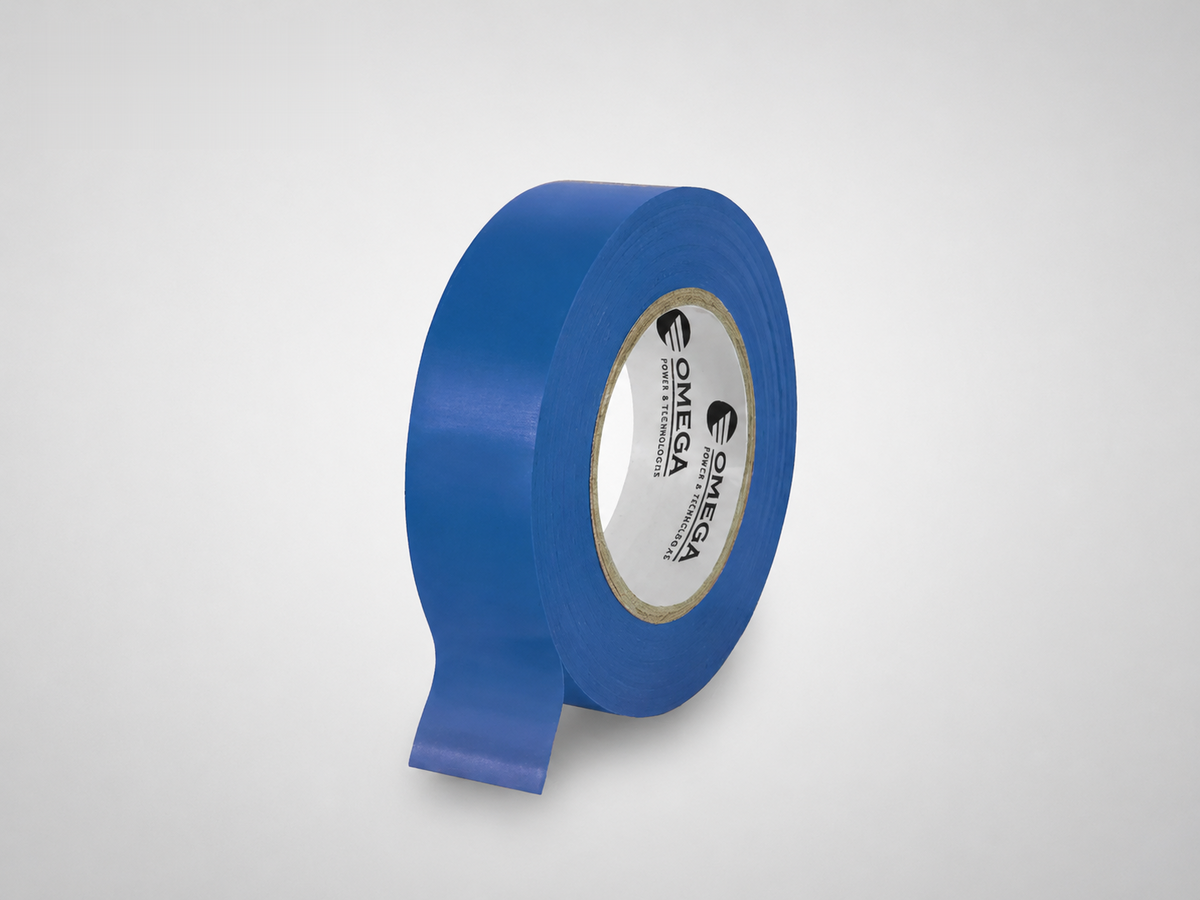 גליל סרט PVC כחול בתצוגת מוצר נקייה עם קצה סרט משוחרר