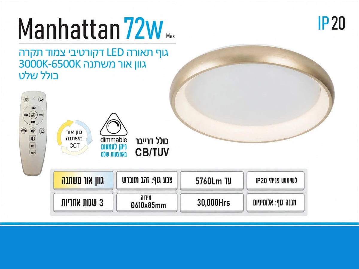 תמונת מפרט לגוף תאורה Manhattan 72W בגוון זהב