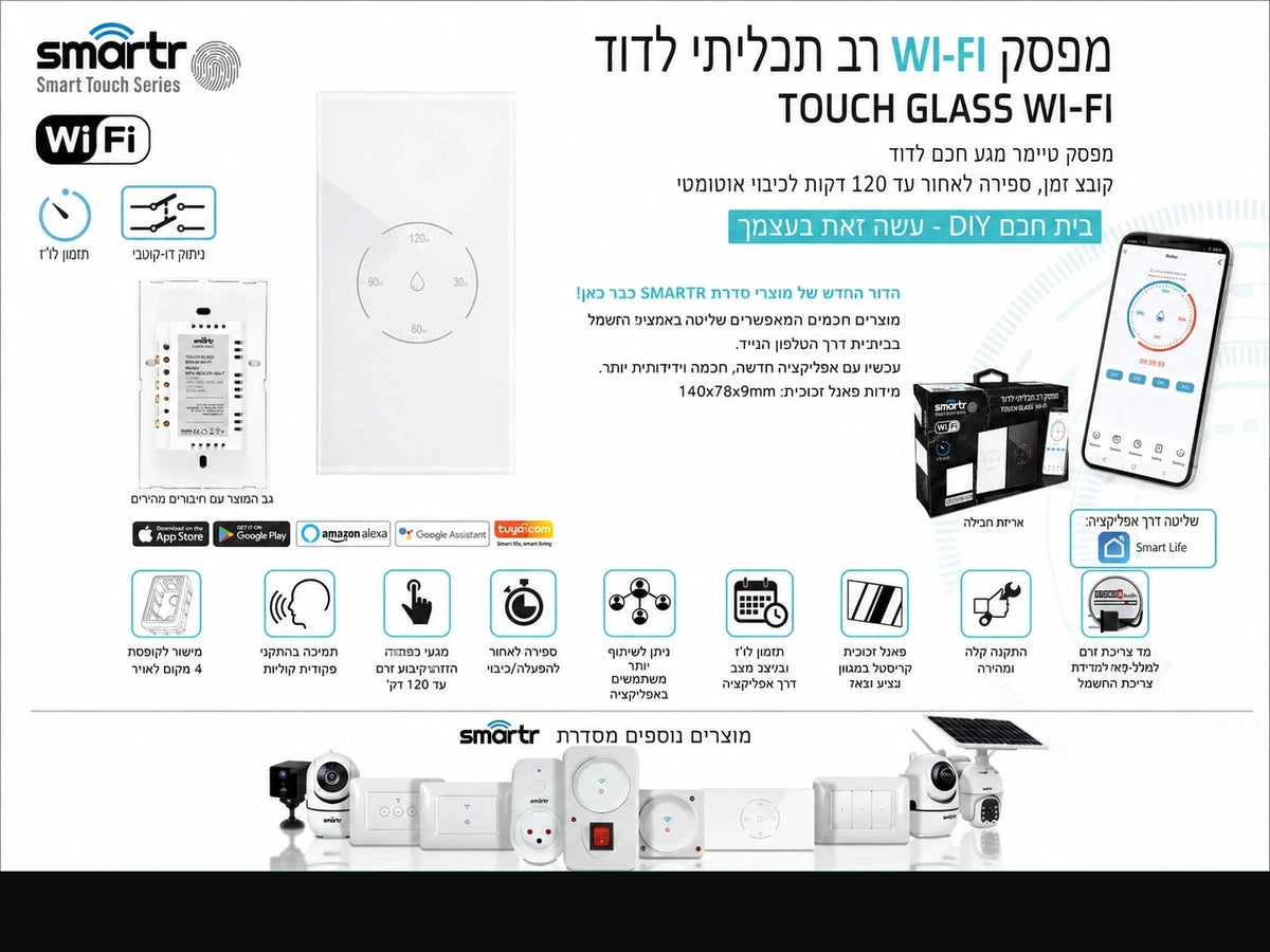 תמונת מפרט למפסק חכם לבן מסדרת SMARTR עם חיבור WiFi