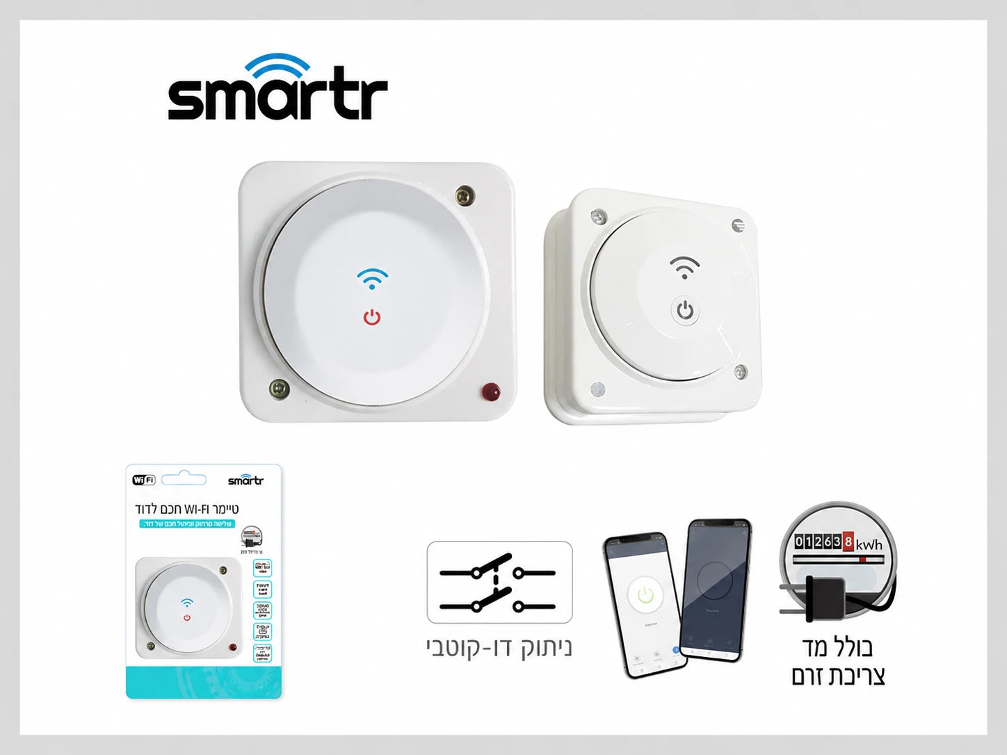 סט בקר חכם לבן לדוד מסדרת SMARTR עם יחידת שליטה ושלט קטן על רקע בהיר