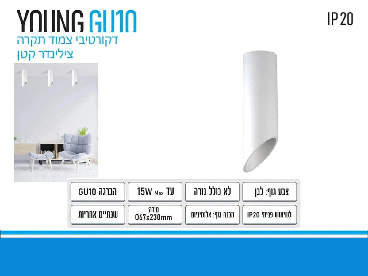 תרשים מוצר של גוף תאורה YOUNG GU10 בגוון לבן עם מידות ומאפיינים טכניים