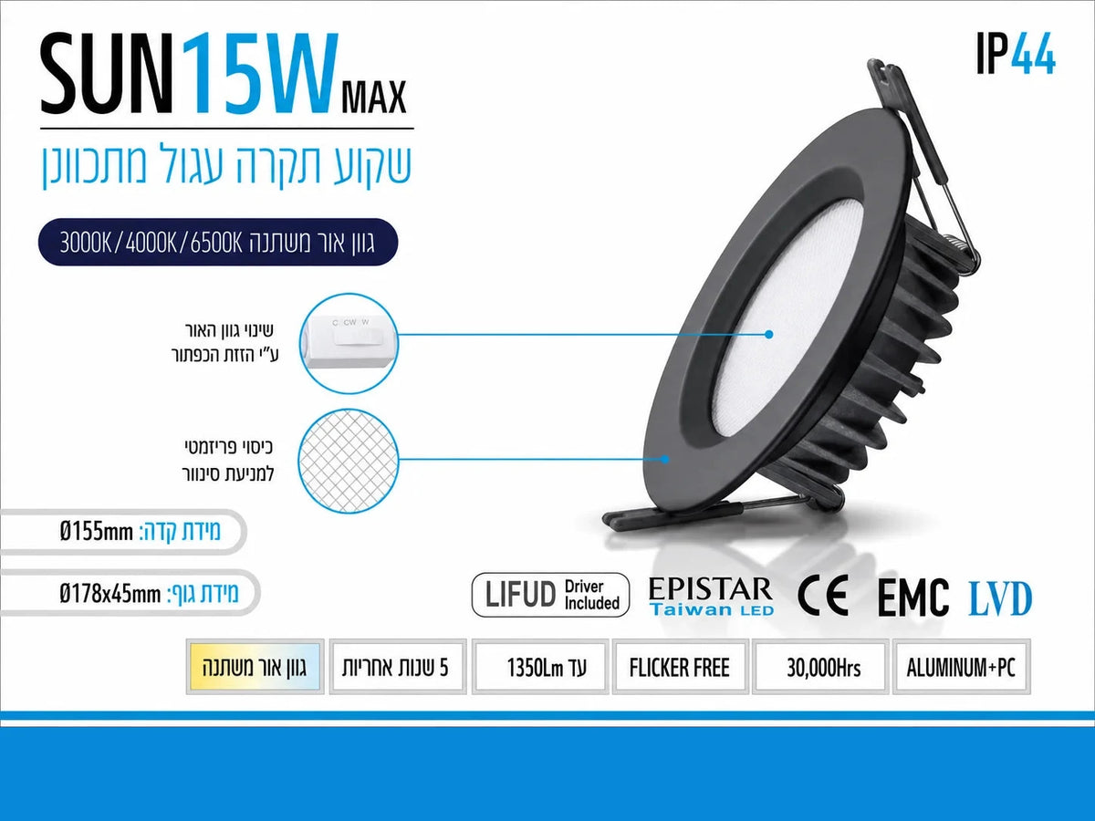 שקוע תקרה SUN בהספק 15W של OMEGA עם מפרט טכני