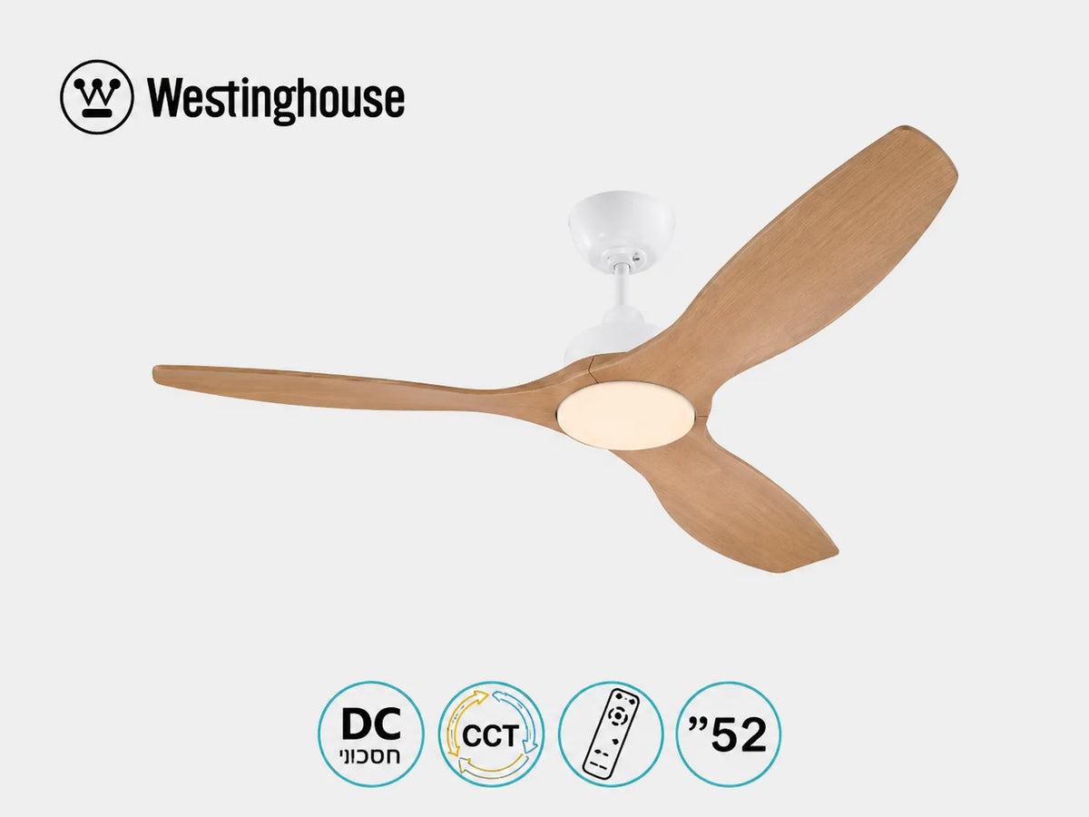 מאוורר תקרה Westinghouse עם כנפי עץ, גוף לבן וסמלי מאפייני המוצר