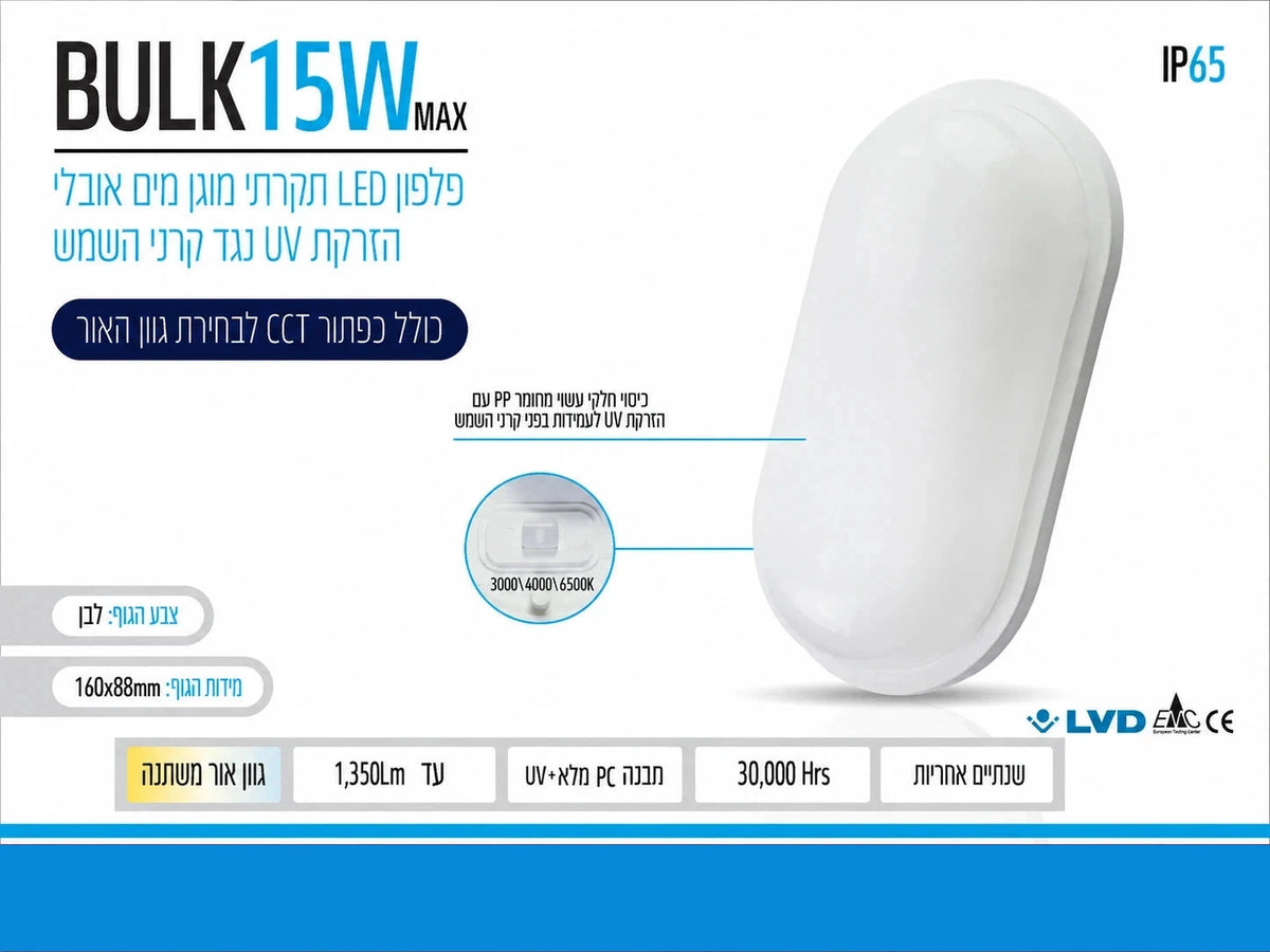 כרטיס מפרט לגוף תאורה BULK 15W אובלי לבן עם מפזר אור חלבי