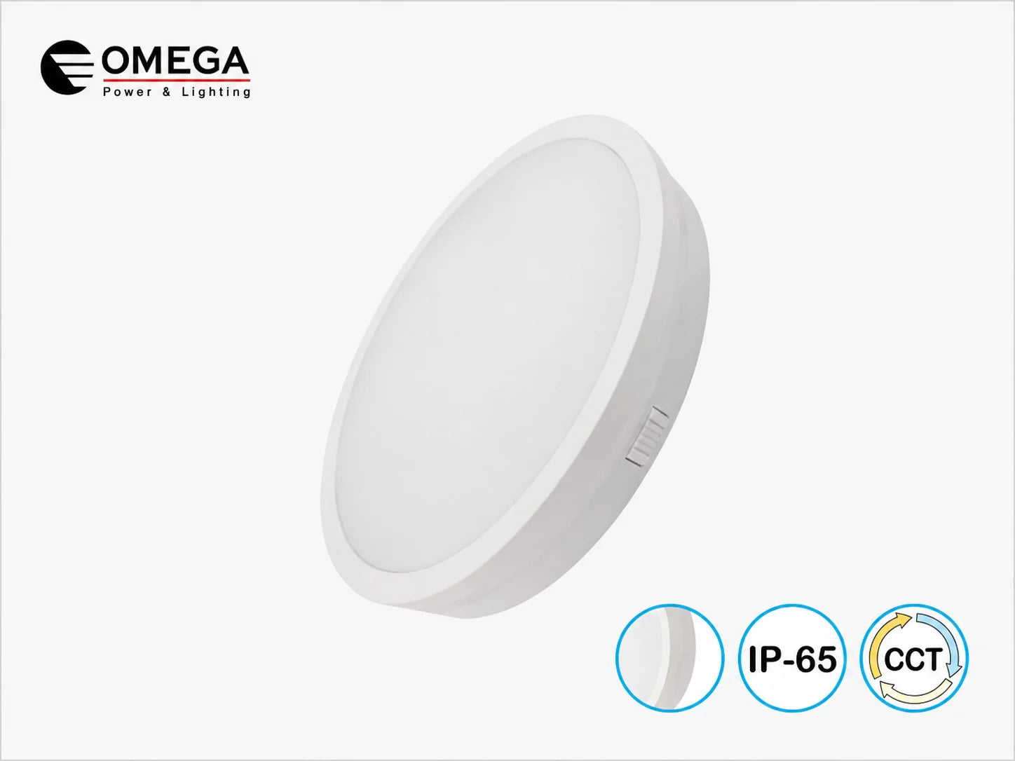 גוף תאורה עגול לבן מדגם MONO SLIM בתצוגת מוצר עם תכונת CCT ודרגת אטימות IP65