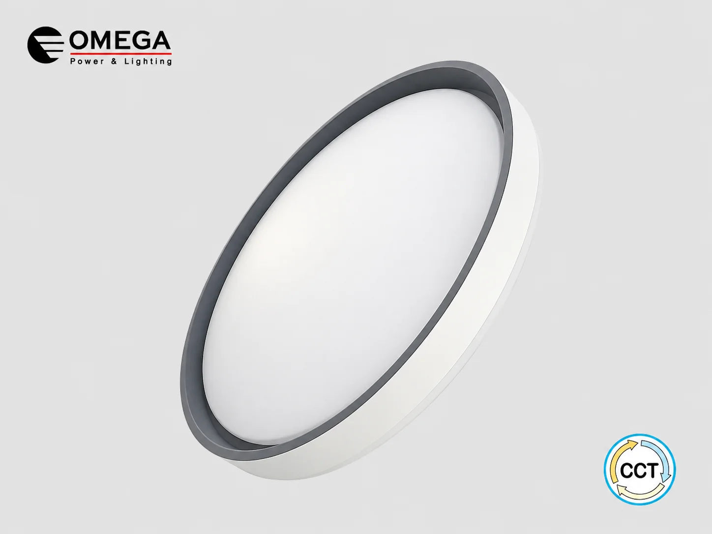 פאנל LED עגול של OMEGA בגימור לבן עם מסגרת פנימית שחורה