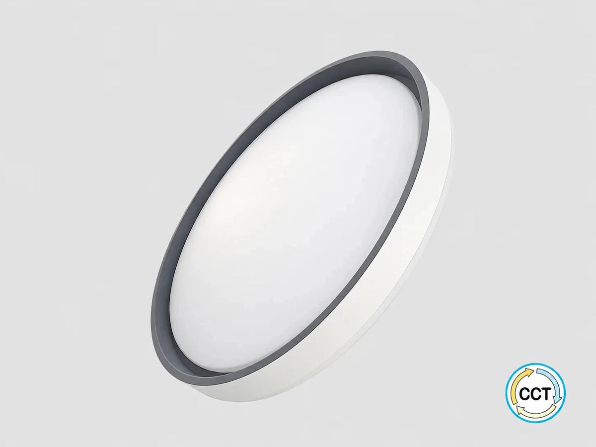 פאנל LED עגול של OMEGA בגימור לבן עם מסגרת פנימית שחורה