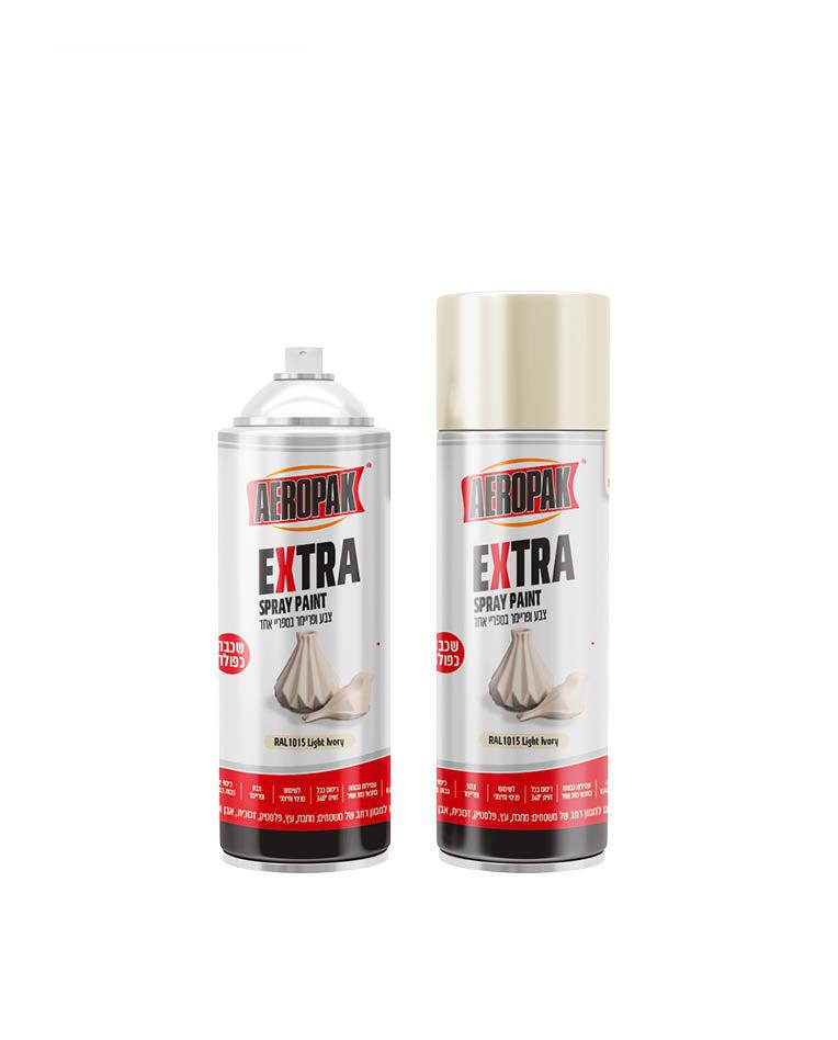 שני תרסיסי צבע AEROPAK EXTRA, בצבע שנהב בהיר (RAL 1015 Light Ivory), עם מכסים תואמים.