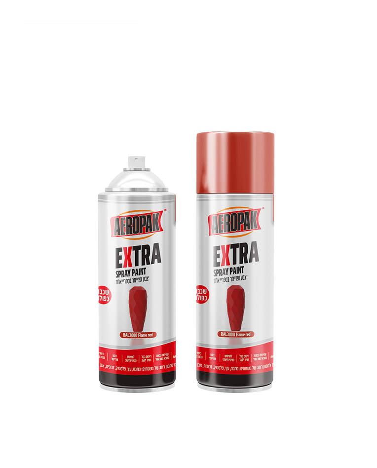 שני ספרי צבע AEROPAK EXTRA אדום בוהק (RAL3000 Flame red) עם מכסים תואמים, בטכנולוגיית כיסוי כפול.
