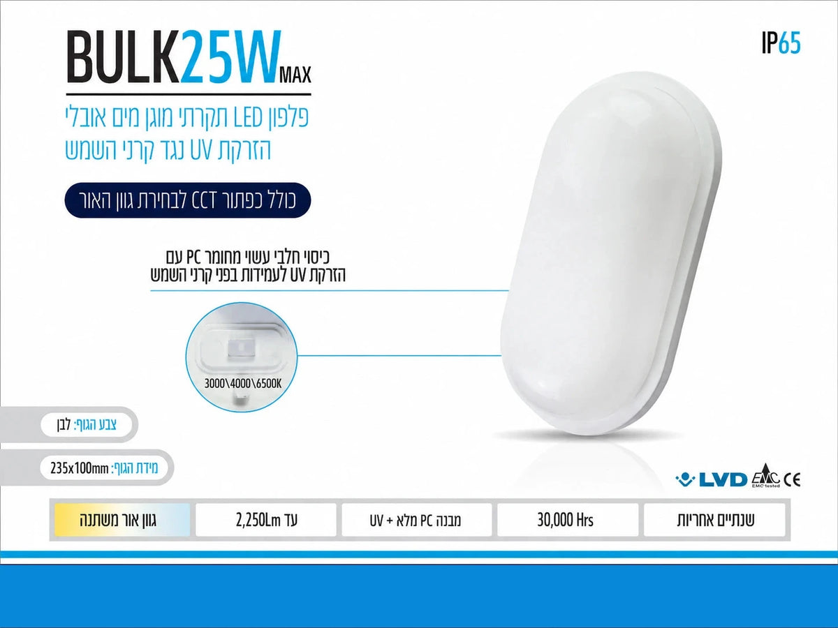 כרטיס מפרט לגוף תאורה BULK 15W אובלי לבן עם מפזר אור חלבי